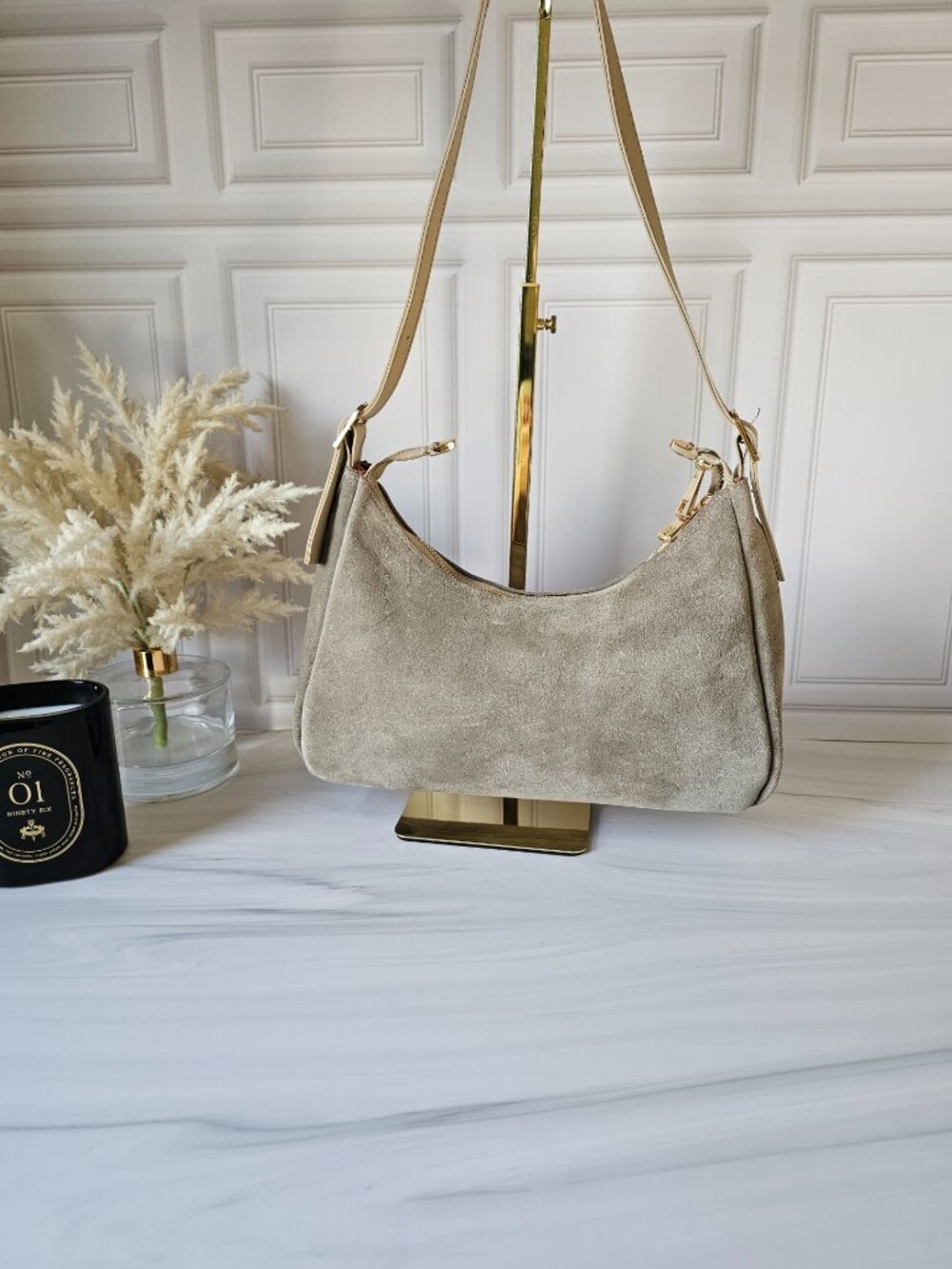Taupe Suede Crescent Shoulder Bag, Italian Leather Hobo Bag, Adjustable Strap